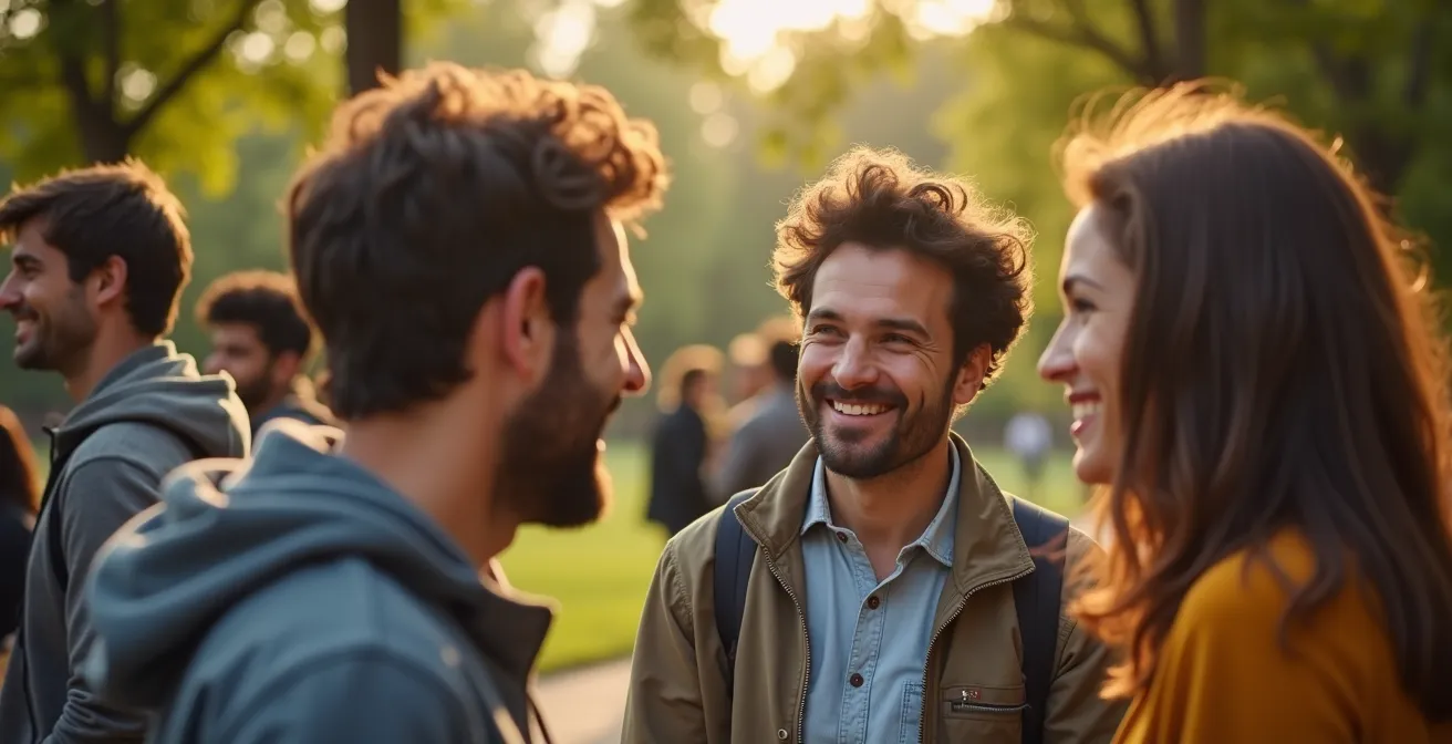 Groupe de personnes de différentes cultures échangeant en français dans un parc public