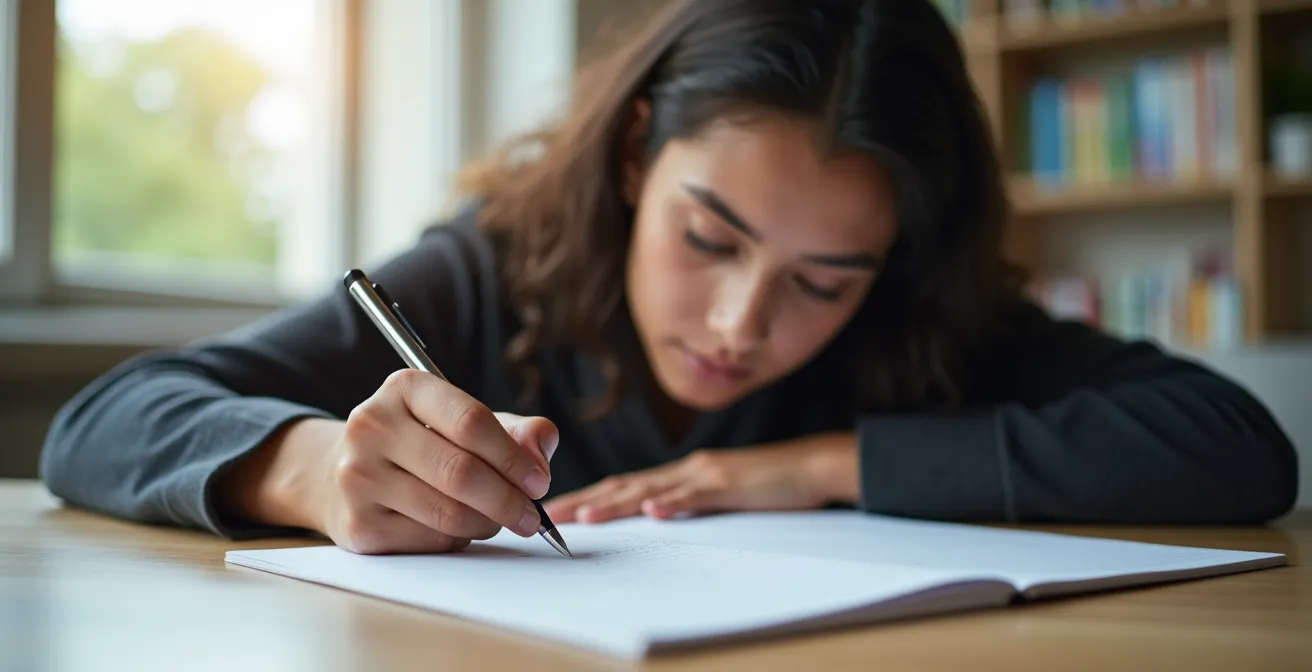 Étudiant en train d'écrire une dissertation en français académique dans une salle d'étude