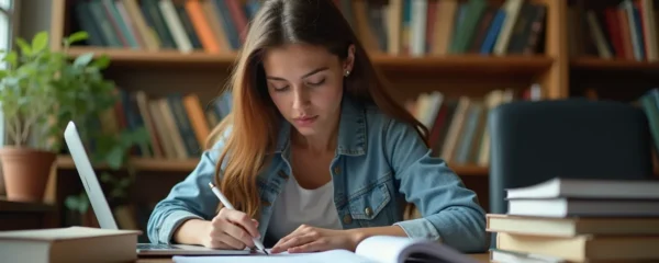 Étudiant concentré avec des livres et un ordinateur dans une bibliothèque universitaire française