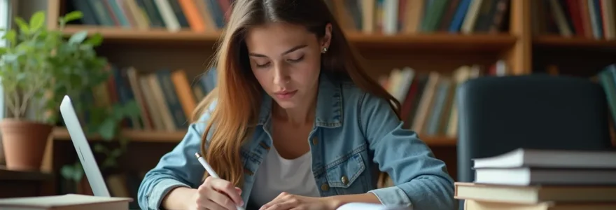 Étudiant concentré avec des livres et un ordinateur dans une bibliothèque universitaire française