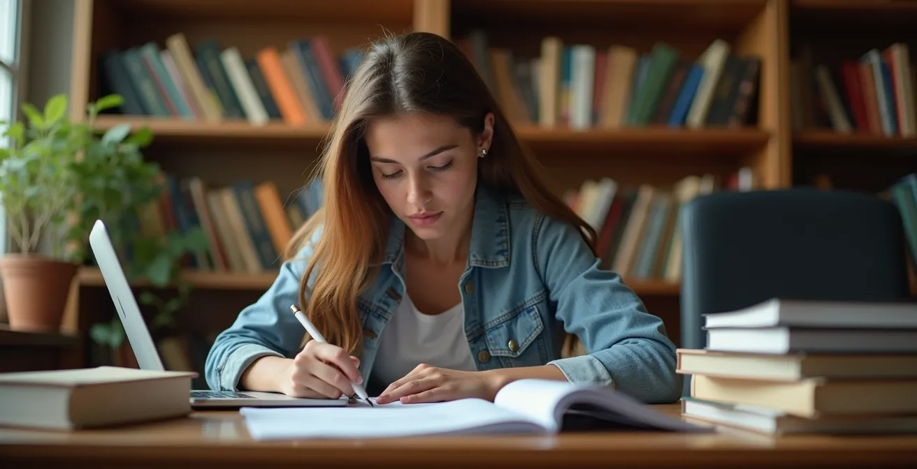 Étudiant concentré avec des livres et un ordinateur dans une bibliothèque universitaire française