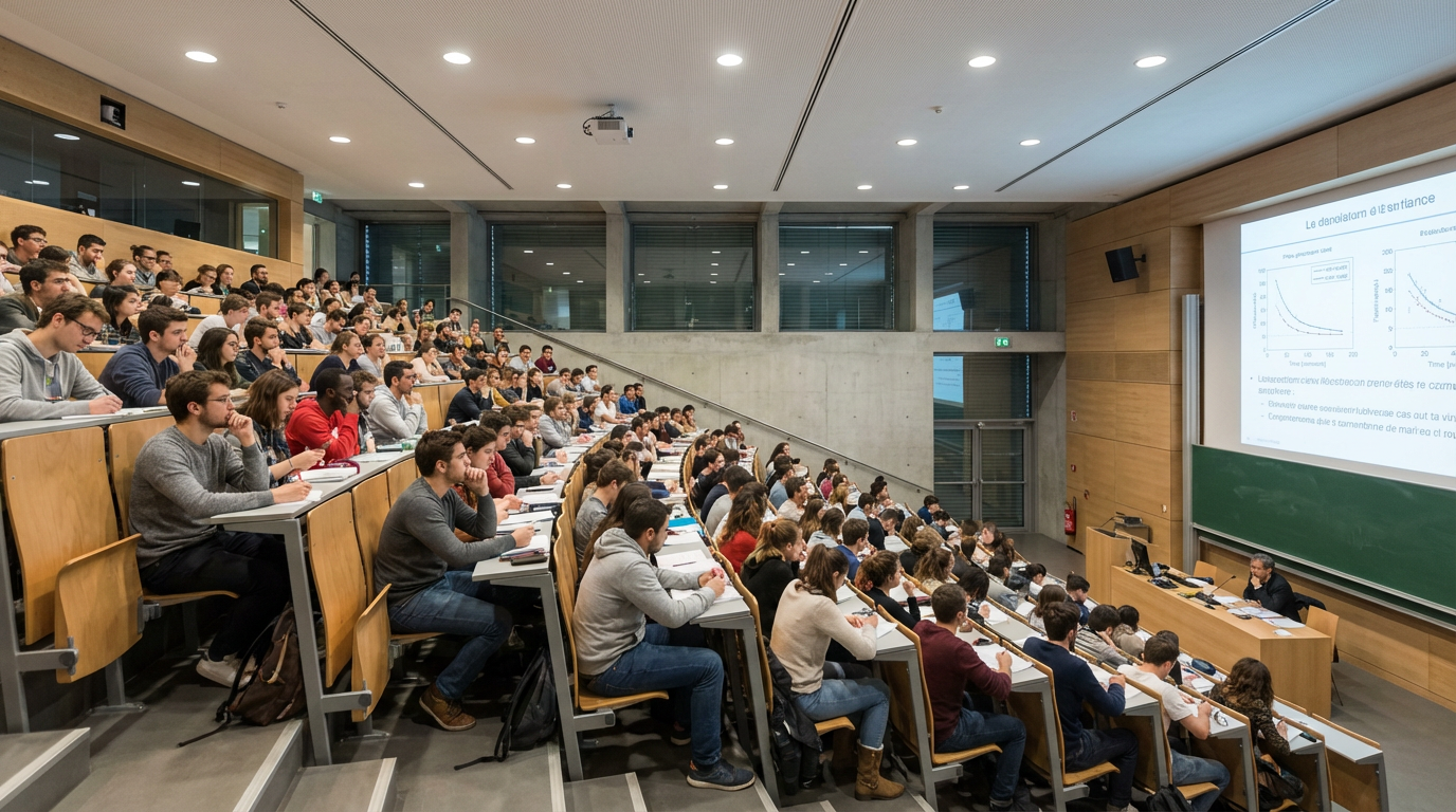 Amphithéâtre universitaire parisien rempli d'étudiants en cours de PASS