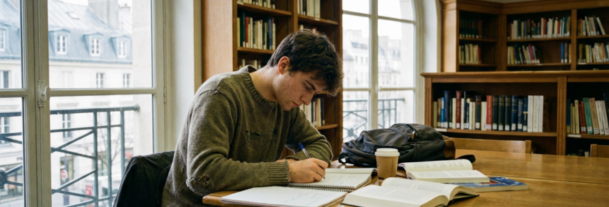 Étudiant concentré révisant dans bibliothèque universitaire parisienne pour études de santé