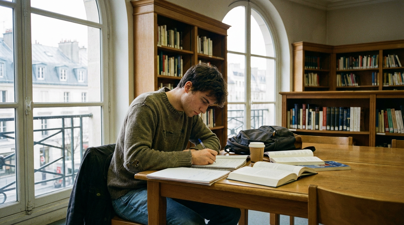 Étudiant concentré révisant dans bibliothèque universitaire parisienne pour études de santé